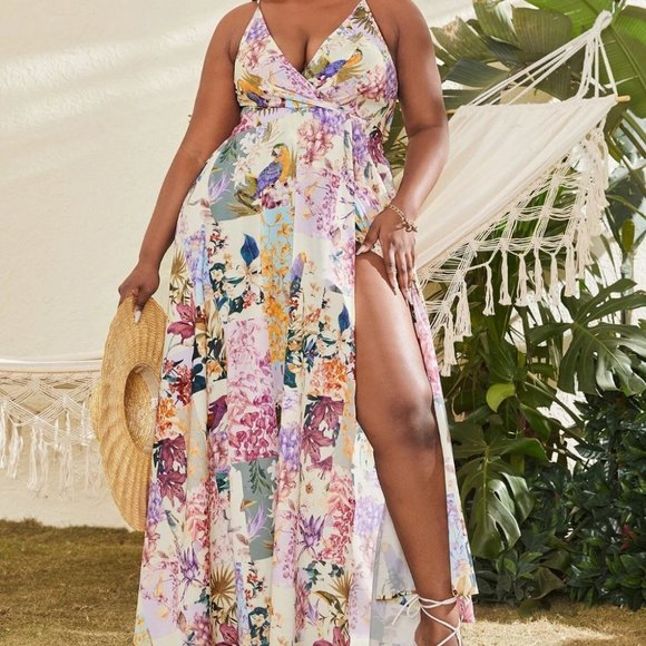 Floral open back slit thigh Maxi Dress shabby chic - Picture 10 of 10